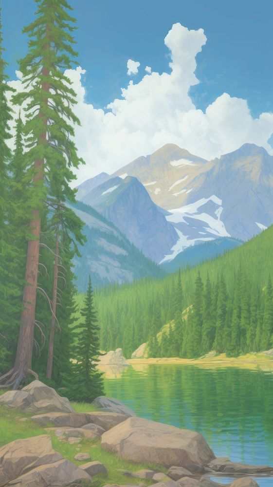 Landscape painting forest pine.
