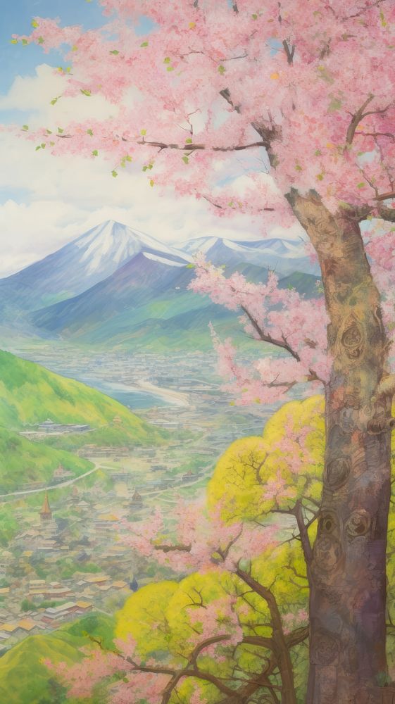 Landscape painting blossom tree.