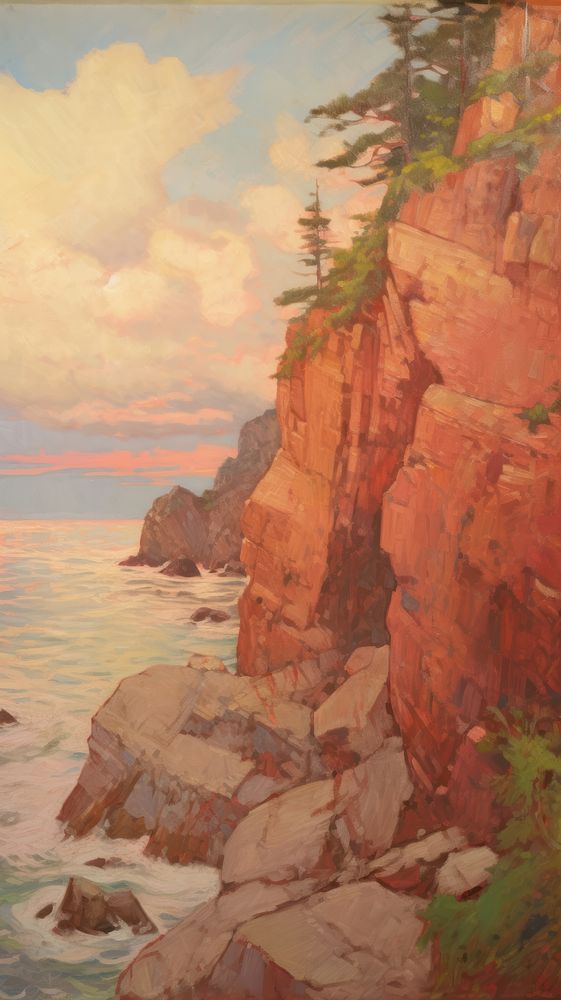 Landscape painting cliff coast.
