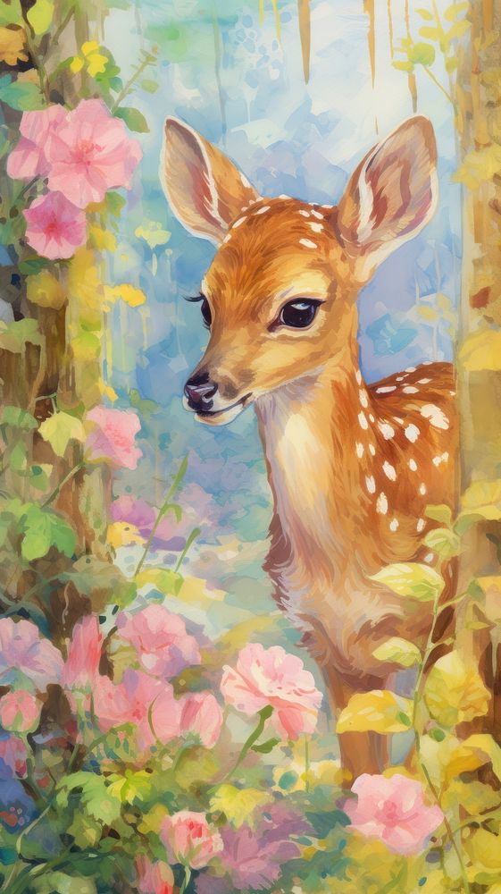 Baby deer smelling flowers painting livestock wildlife.