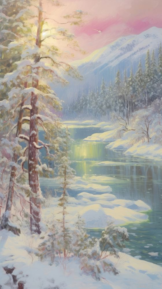 Landscape painting snow vegetation.