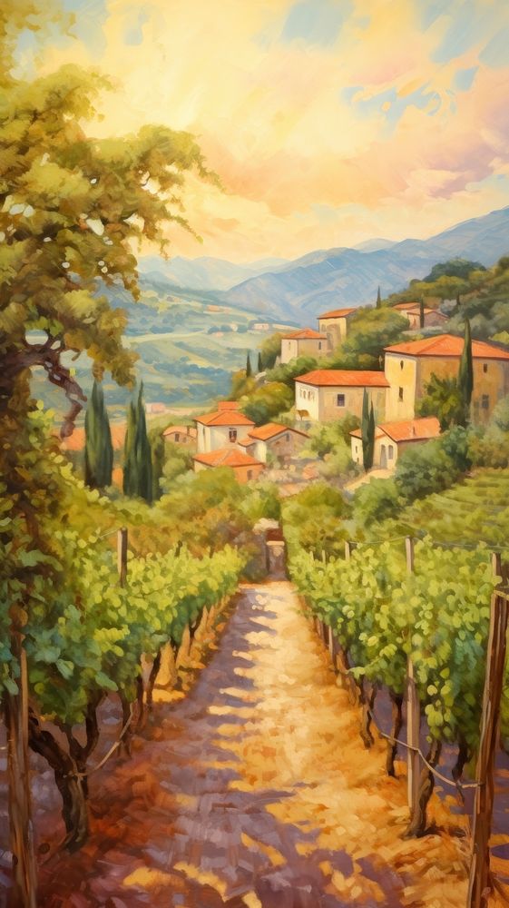 Painting vineyard countryside outdoors.