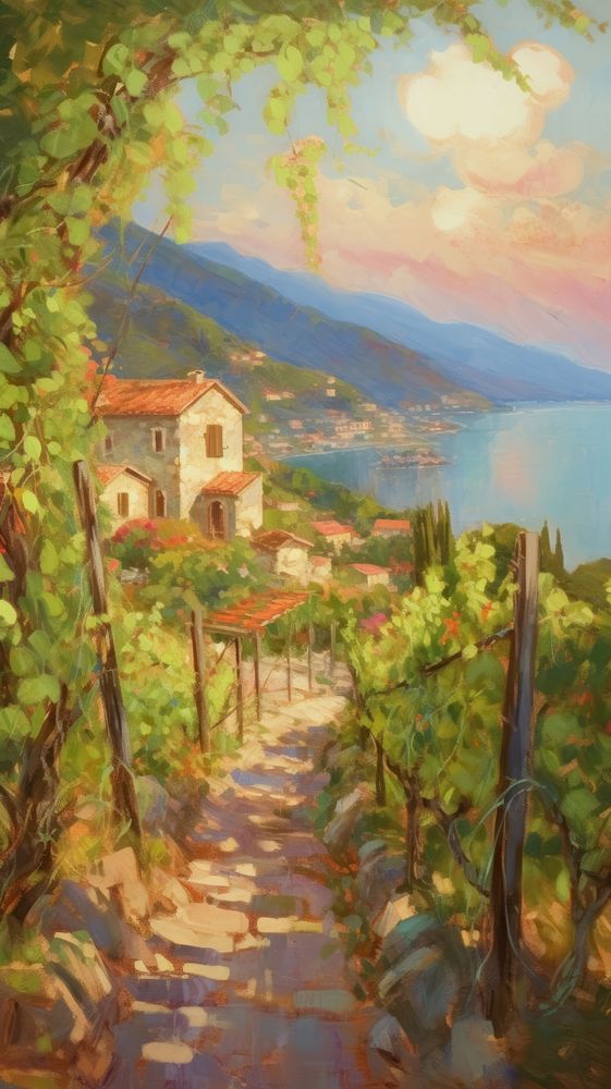 Painting vineyard architecture countryside.