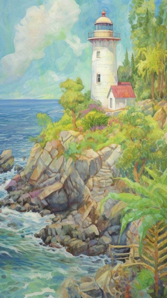 Lighthouse on green small island painting architecture shoreline.