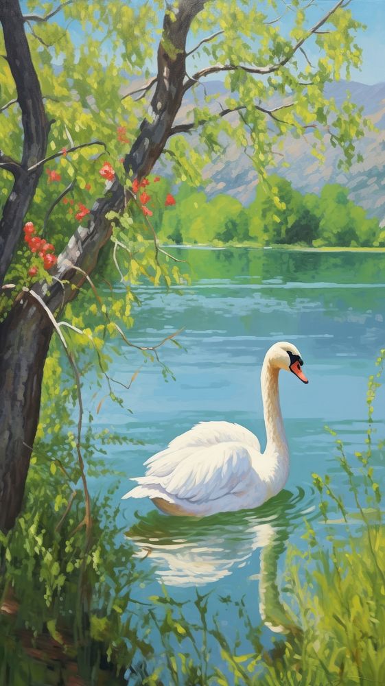 Painting tree lake swan.
