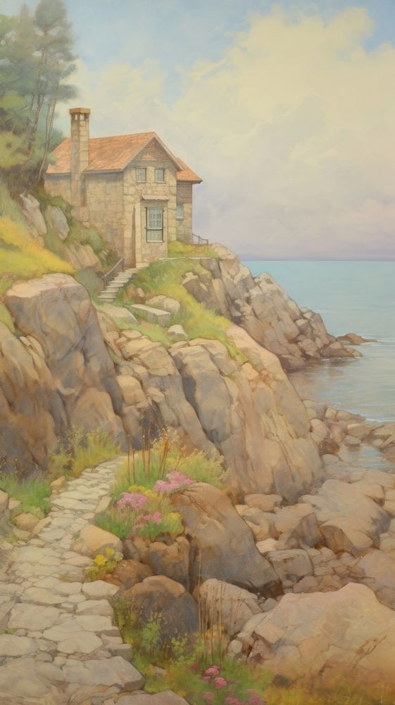 Landscape painting house coast.