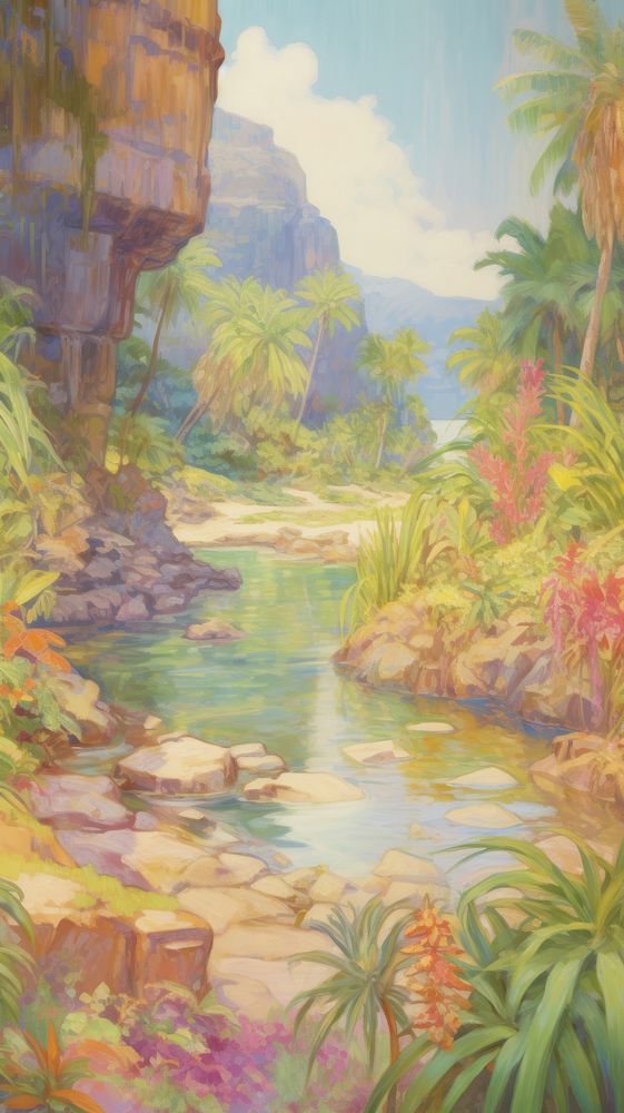 Tropical lagoon landscape painting vegetation.