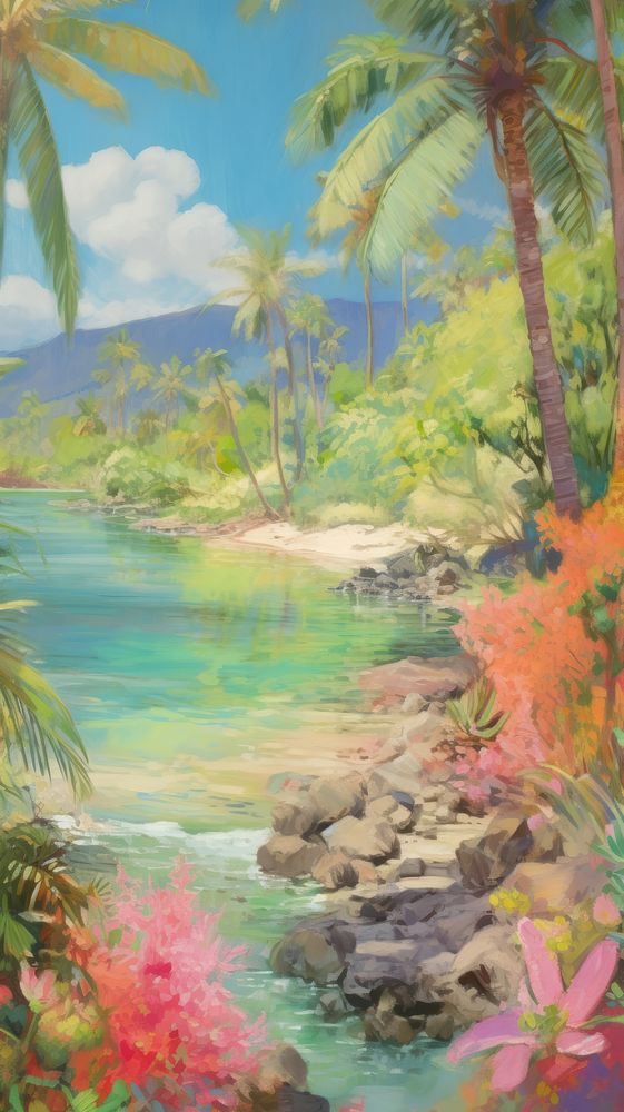 Tropical lagoon landscape painting vegetation.