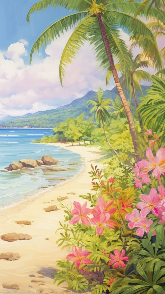 Tropical beach landscape painting vegetation.