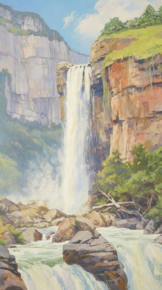 Waterfall landscape painting cliff.