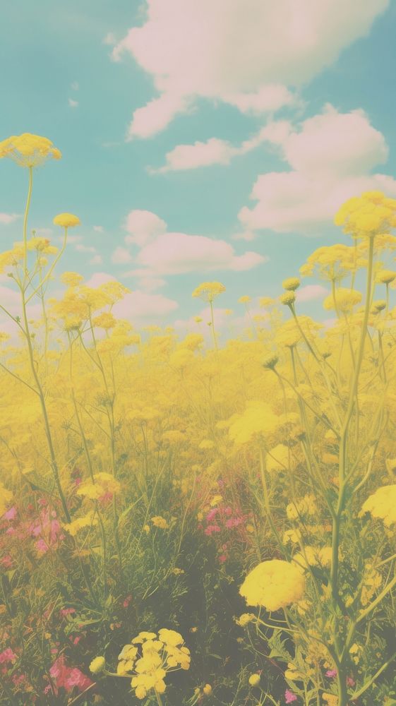  Yellow flower field landscape grassland outdoors. AI generated Image by rawpixel.