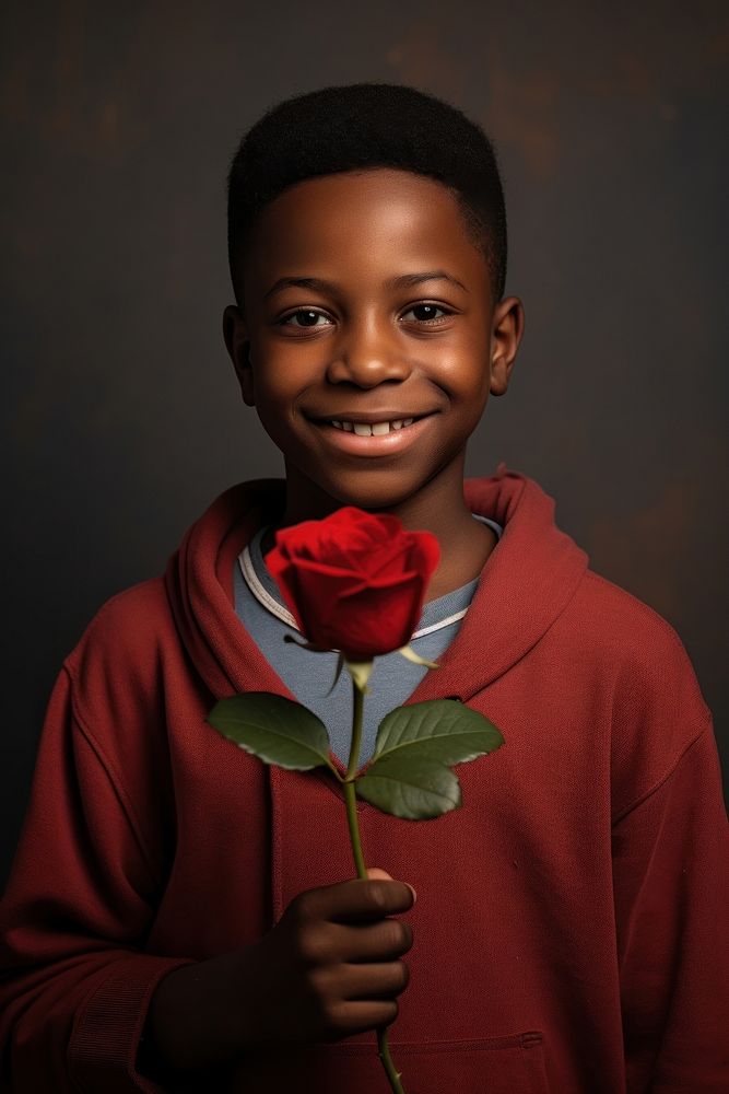 Black boy holding red rose portrait smiling flower.