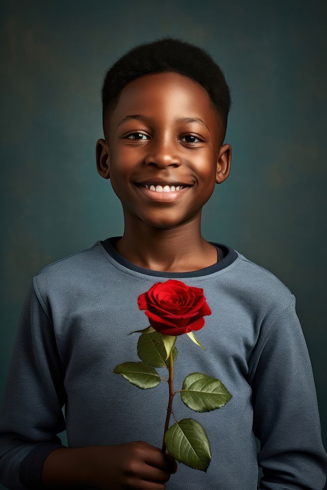 Black boy holding red rose portrait smiling flower.