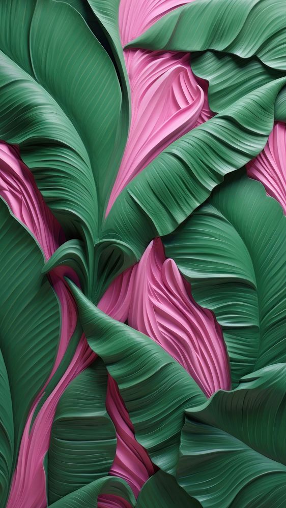 Pink banana leaf bas relief pattern art purple green.