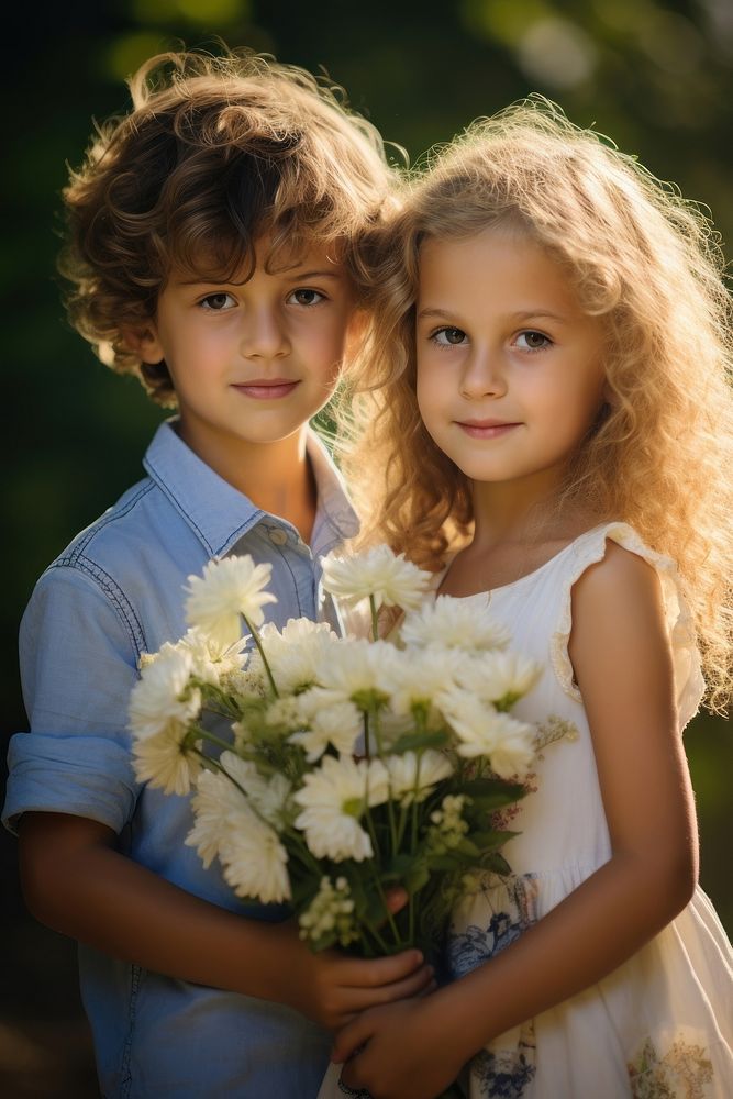 Children holding flowers portrait dress plant. AI generated Image by rawpixel.