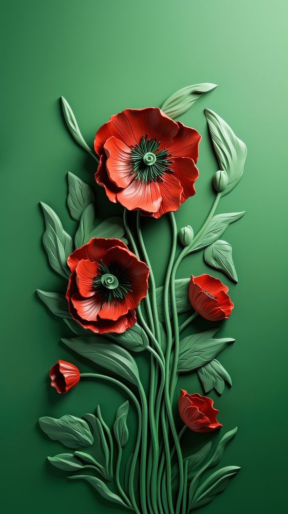 Red poppy bas relief pattern flower plant green.