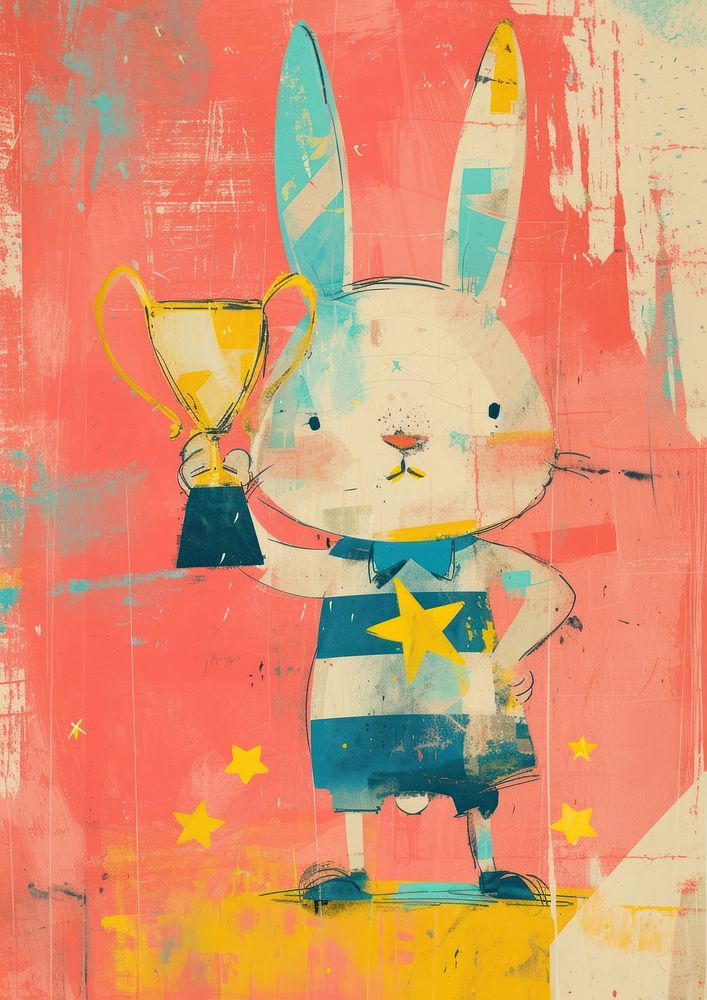 Rabbit hold trophy art painting representation.