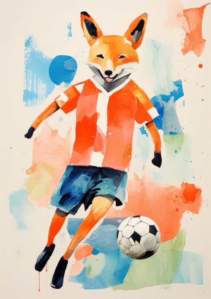 Rabbit and fox playing soccer art football painting.