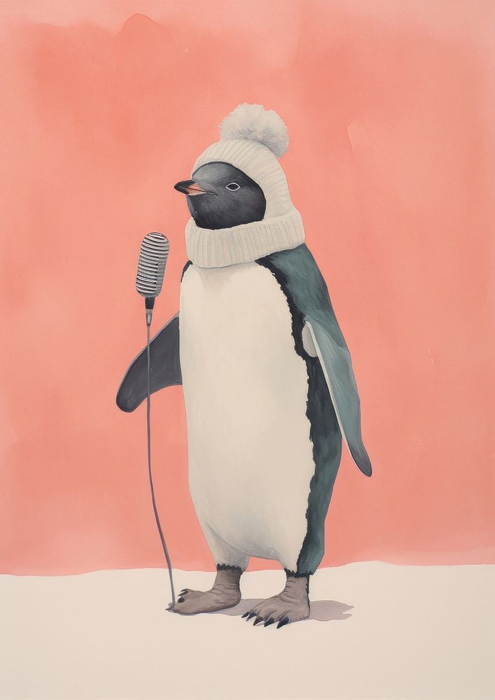 Illustration minimal of a penguin holding microphone animal bird representation.