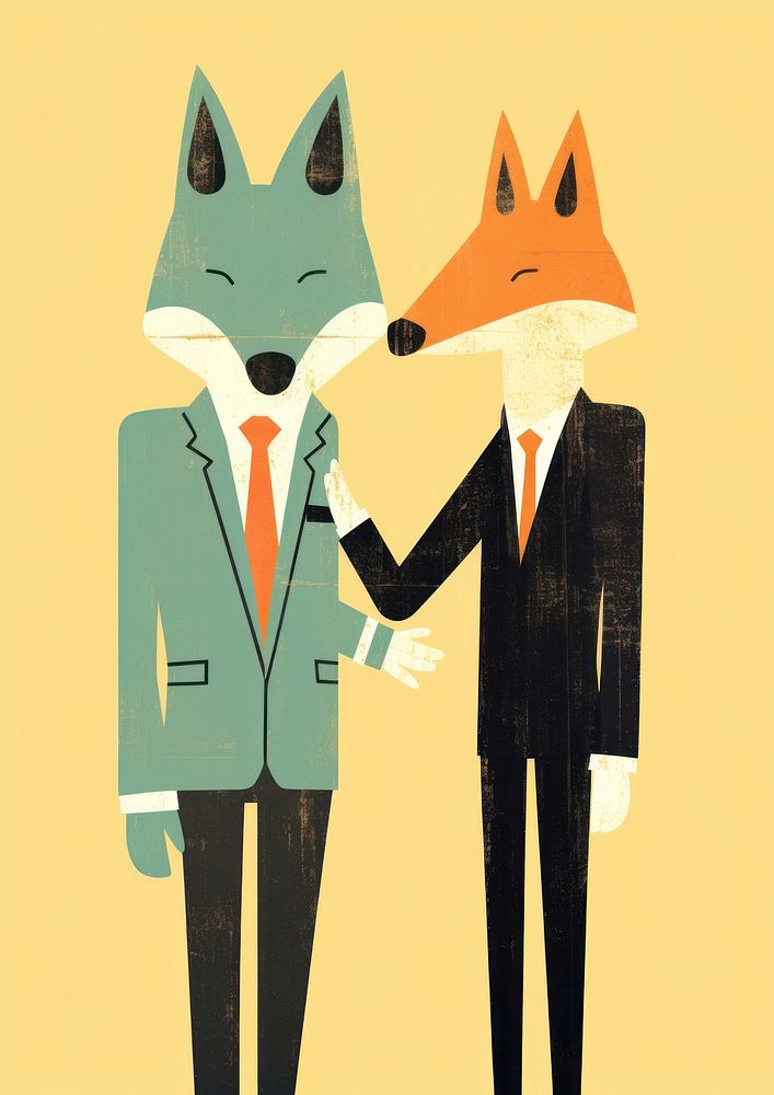 2 business fox in suit shaking hand together art representation togetherness.