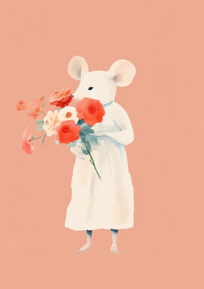 Cute mouse in bride costume holding flower nature petal plant.