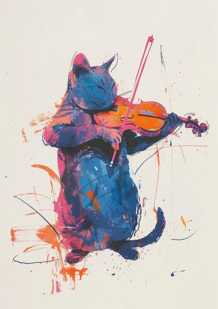 Cat play violin art animal paper.