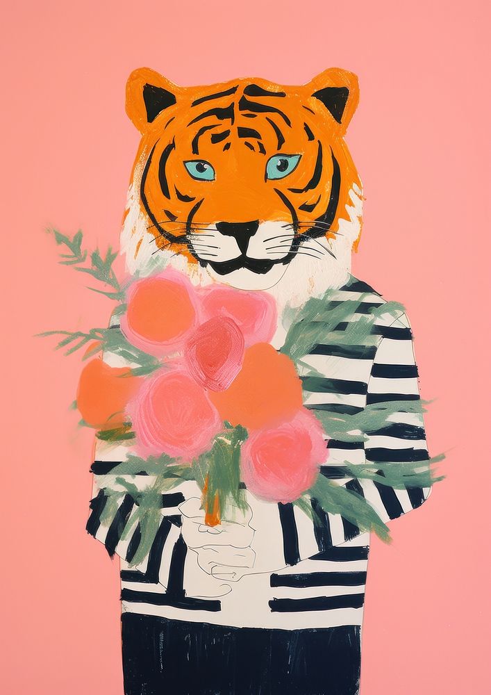 Bride tiger holding flower bouquet art painting mammal.