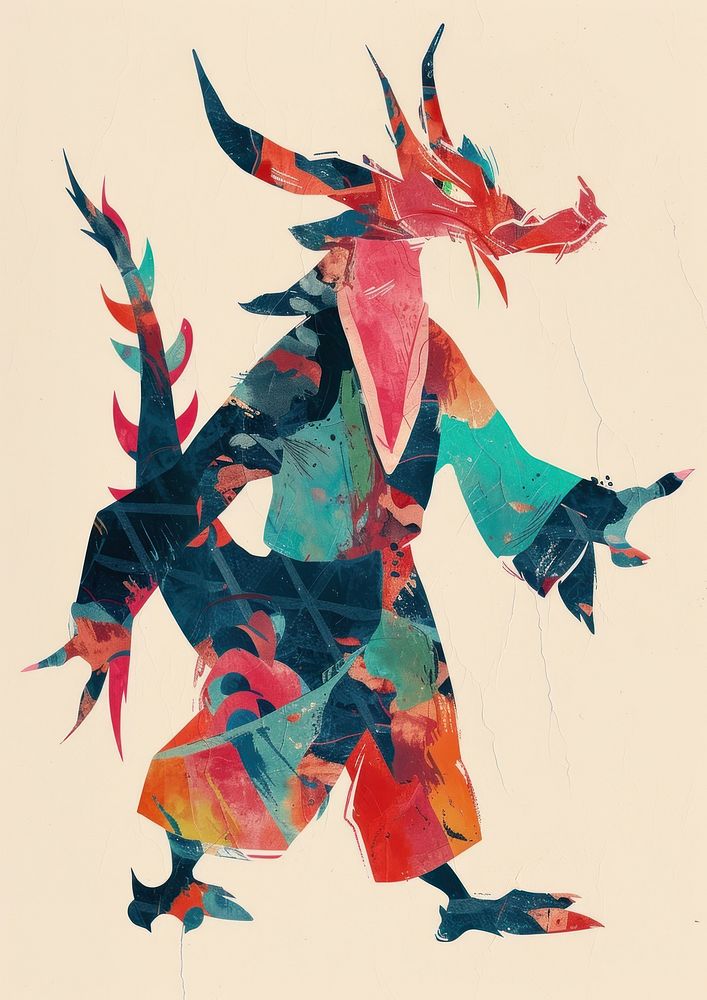 Dragon wear chinese costume dance art abstract painting.