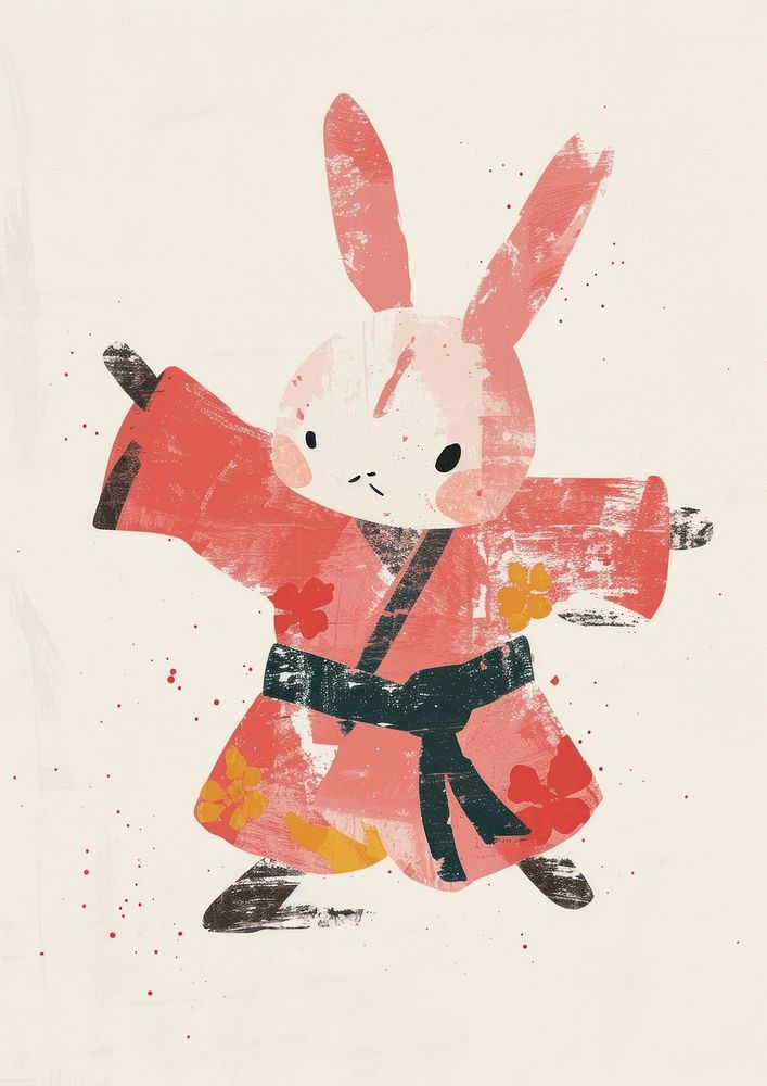 Rabbit wear chinese costume dance art painting representation.
