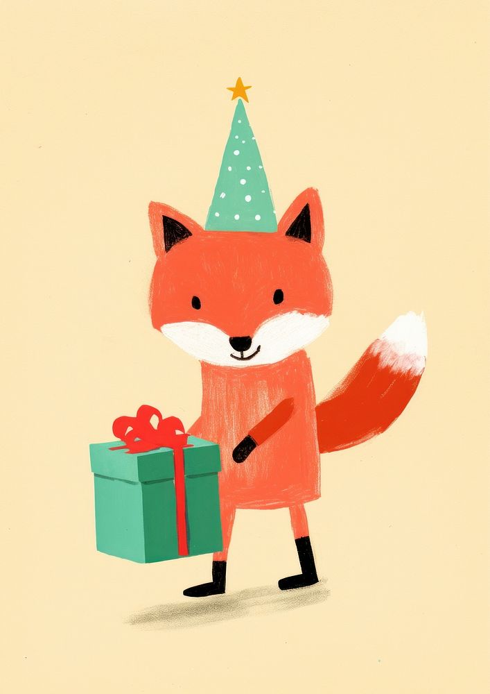 Fox wearing Santa holding gift box and walking cute representation celebration.