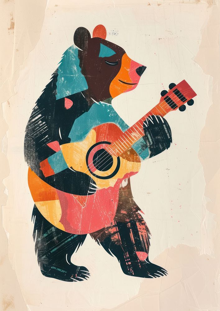 Bear play guitar art painting representation.
