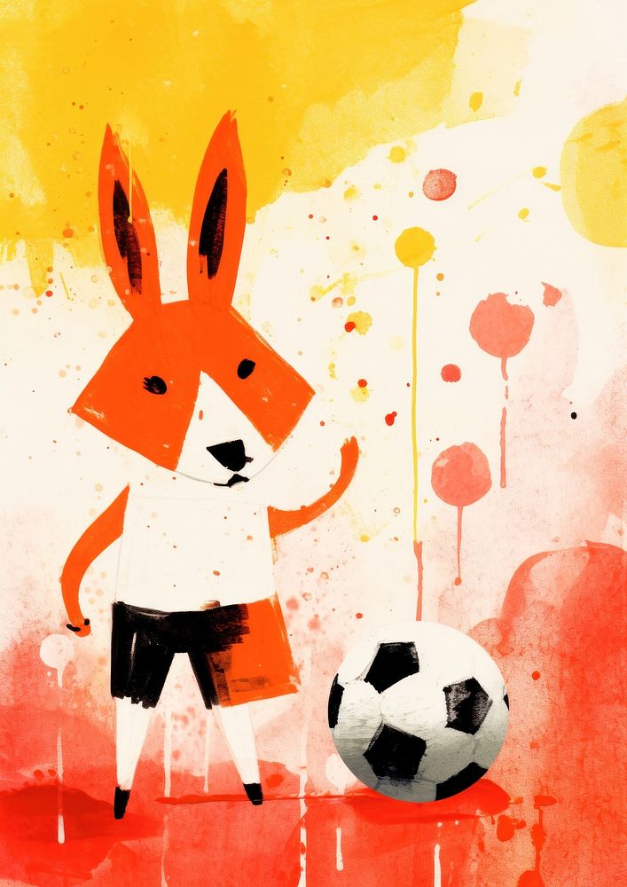 Rabbit and fox playing soccer football painting sports.