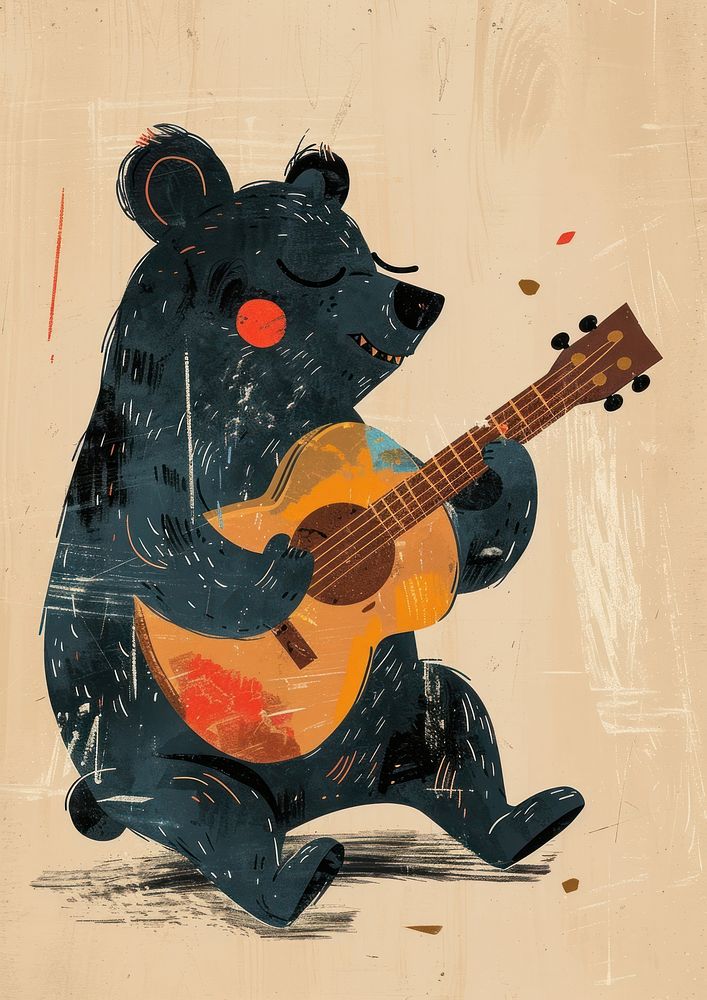 Bear play guitar art painting representation.