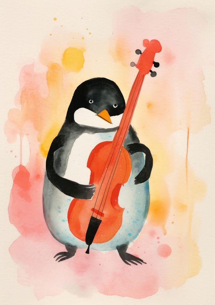Penguin wearing suit play double bass painting cello bird.