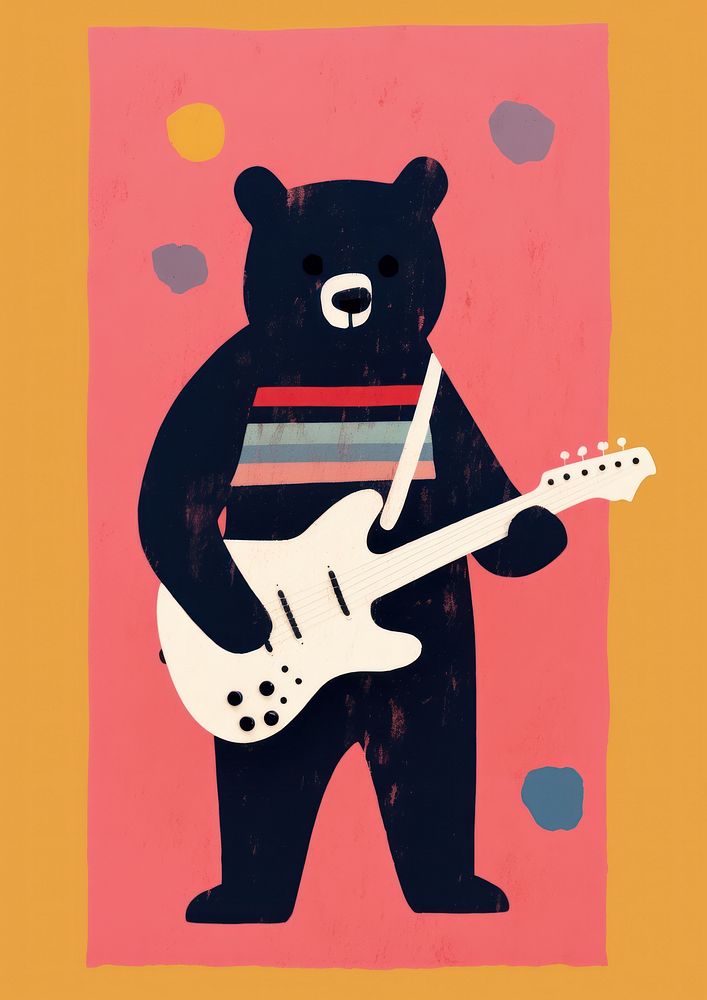 Illustration minimal of a bear playing guitar art representation performance.