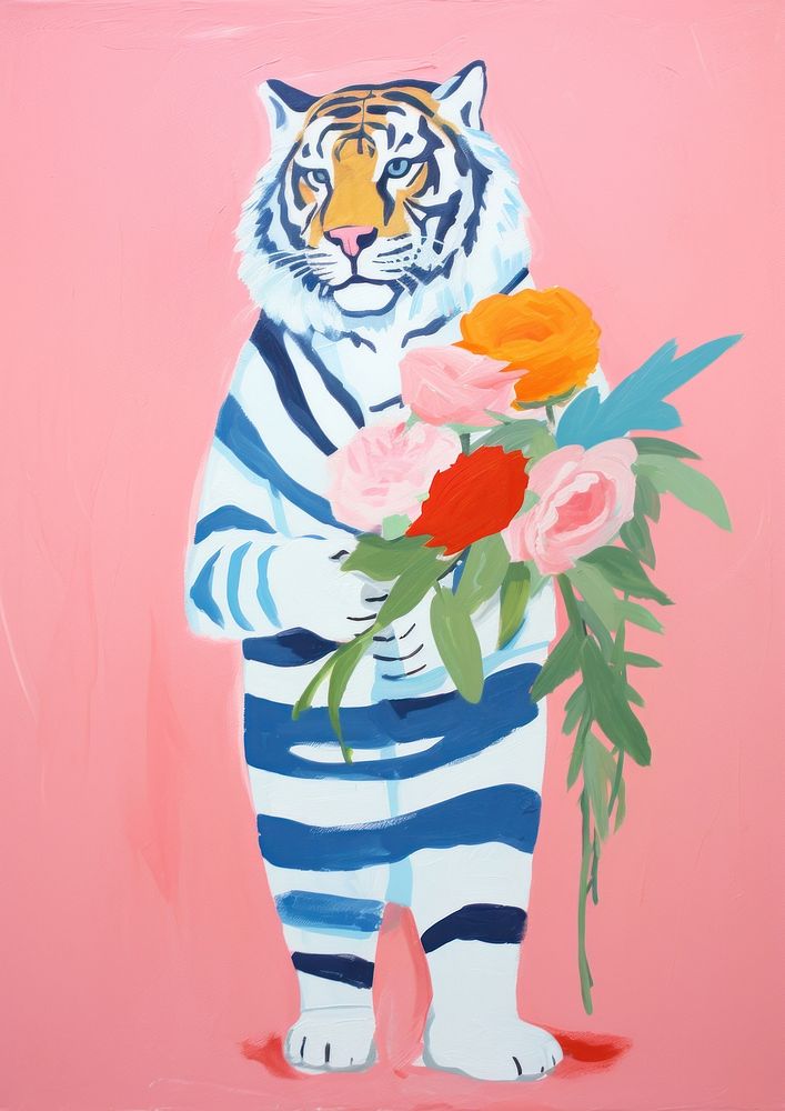 Bride tiger holding flower bouquet art painting animal.
