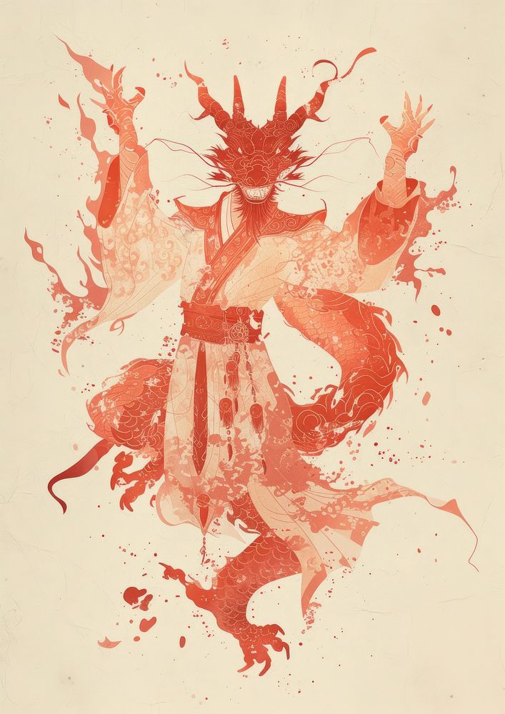 Dragon wear chinese costume dance art painting paper.
