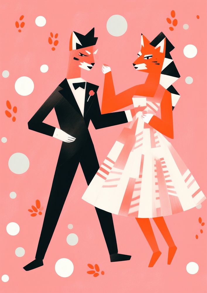 Tiger bride and fox groom dancing dress art togetherness.