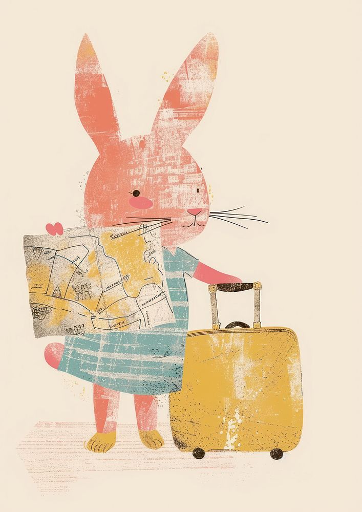 Rabbit hold map and suitcase animal art drawing.