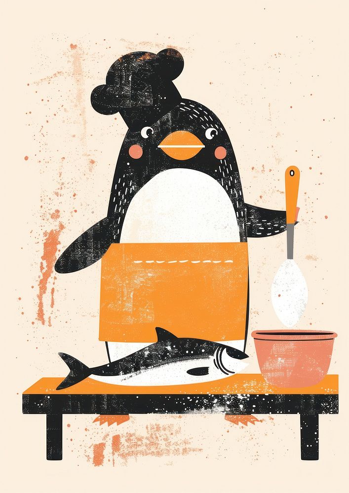 Penguin wear hat chef cooking fish animal bird art.