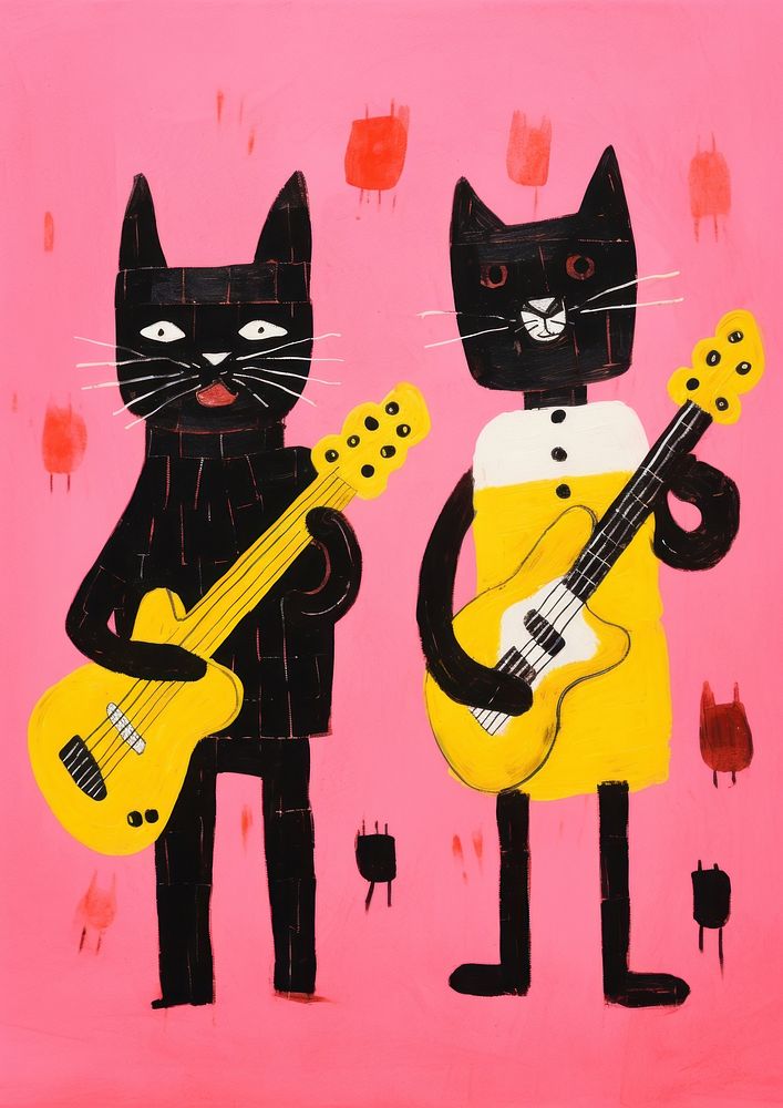 Illustration minimal of 2 dogs 1 cat playing guitar art painting mammal.