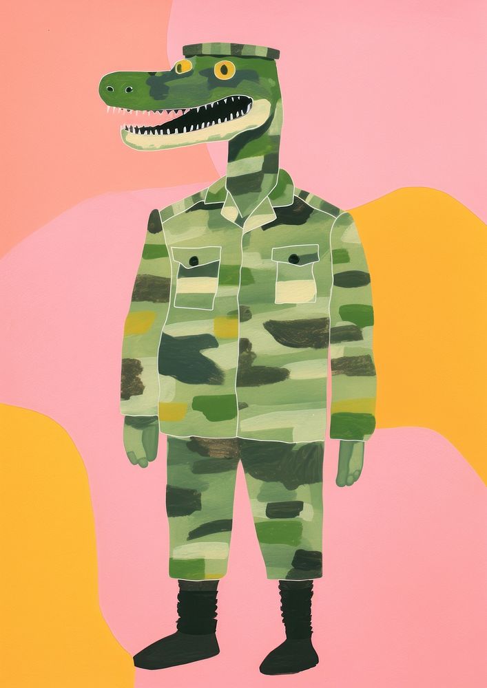 Crocodile wearing soldier costume camouflage military dinosaur.