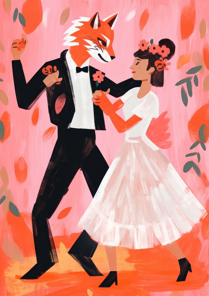 Tiger bride and fox groom dancing wedding adult art.