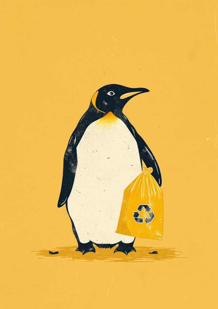 Penguin hold plastic bag recycle sign animal bird wildlife.