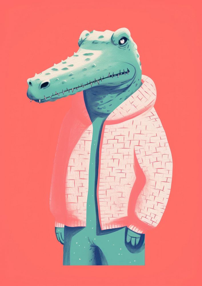 Crocodile wear winter sweater art animal representation.
