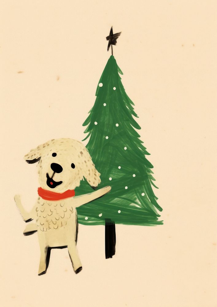 Dog dancing with Christmas tree christmas animal art.