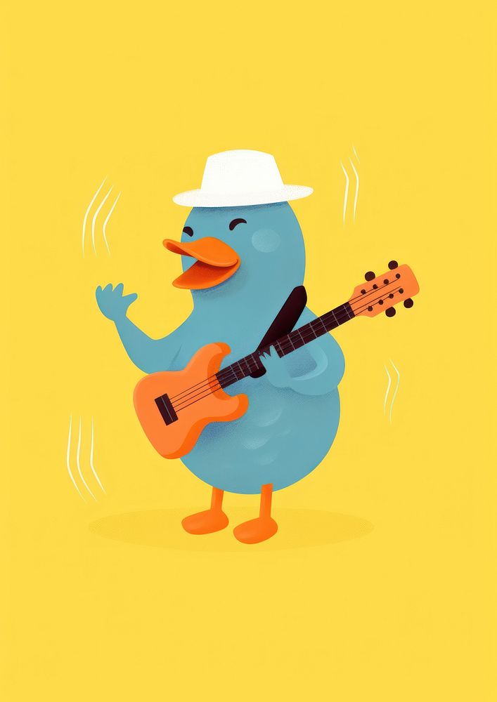 Illustration minimal of a duck play bass cartoon guitar performance.