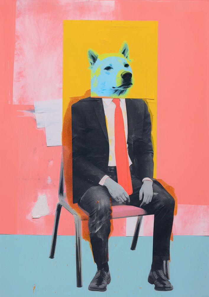 Dog wear uniform sit in classroom art painting chair.