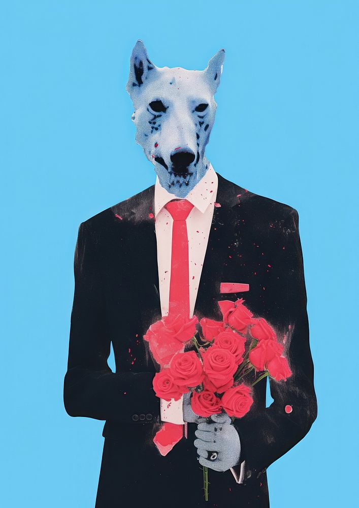 Dog wearing suit hold bouquet animal mammal flower.