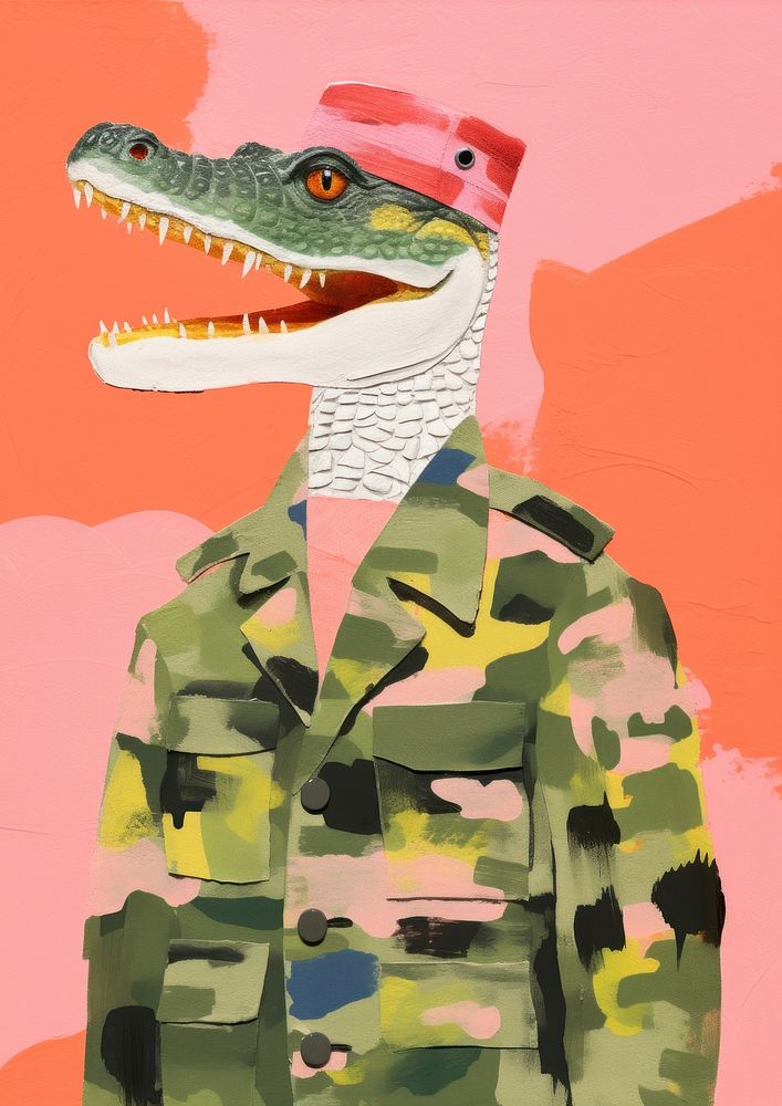 Crocodile wearing soldier costume art military representation.